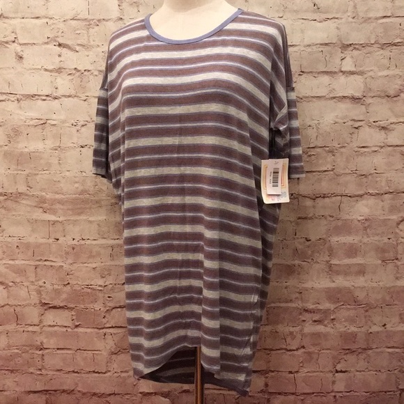 LULAROE Irma Tunic Top Tee Gray Blue Brown Stripe - Picture 1 of 3